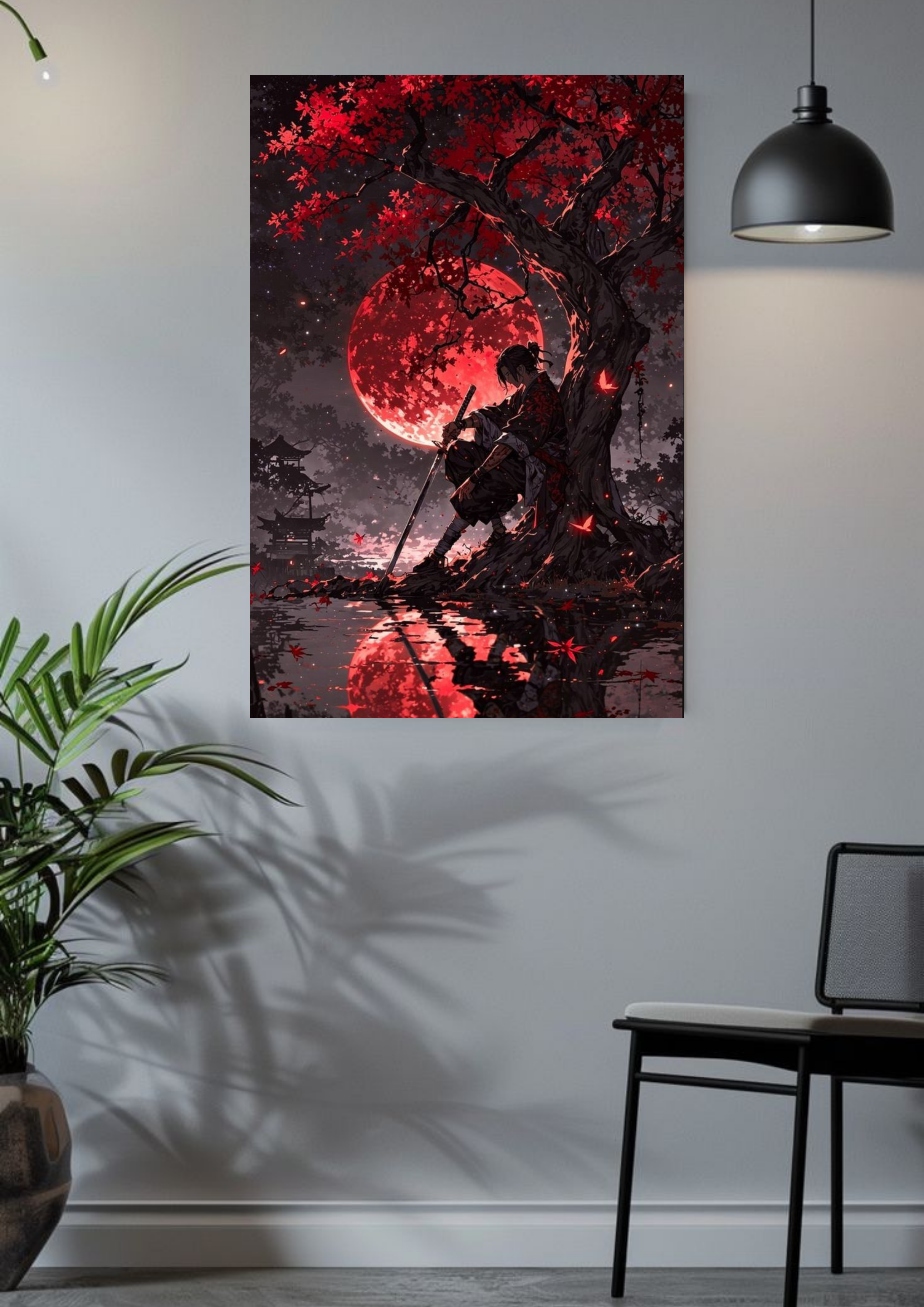 Scarlet Solitude Poster – Crimson Moon Samurai Art